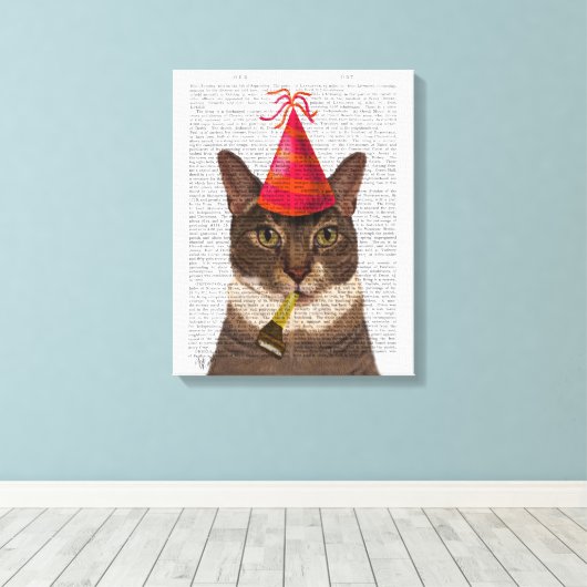 Tortoiseshell Chat mit Party Hat Leinwanddruck (Insitu (Holzboden))