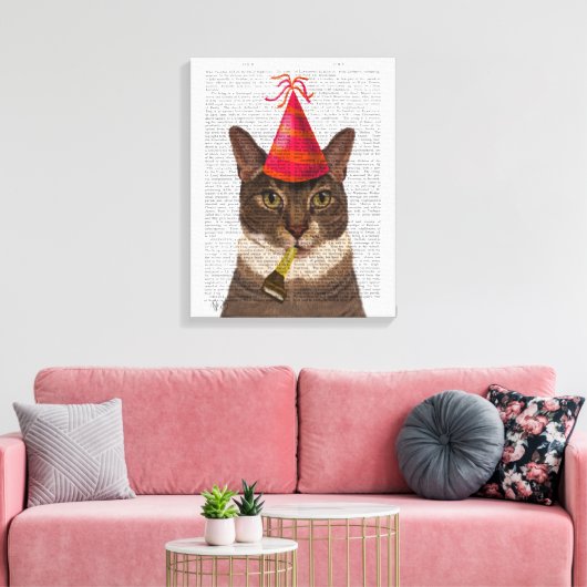 Tortoiseshell Chat mit Party Hat Leinwanddruck (Insitu (Wohnzimmer))