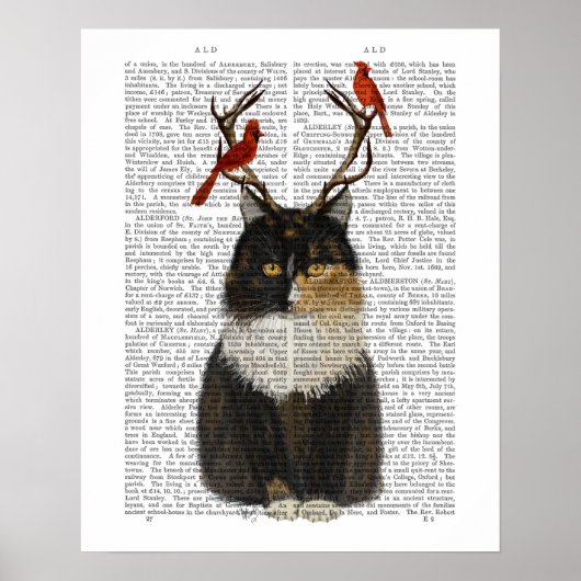 Tortoiseshell Katze mit Antlern und Roten Vögeln Poster (Vorne)