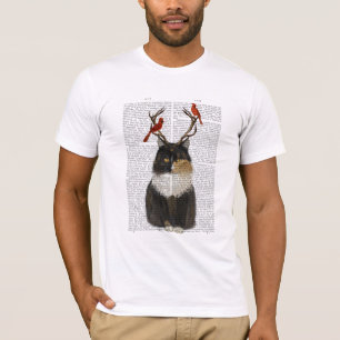 Tortoiseshell Katze mit Antlern und Roten Vögeln T-Shirt