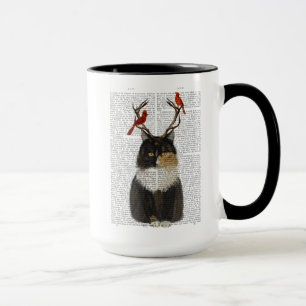 Tortoiseshell Katze mit Antlern und Roten Vögeln Tasse