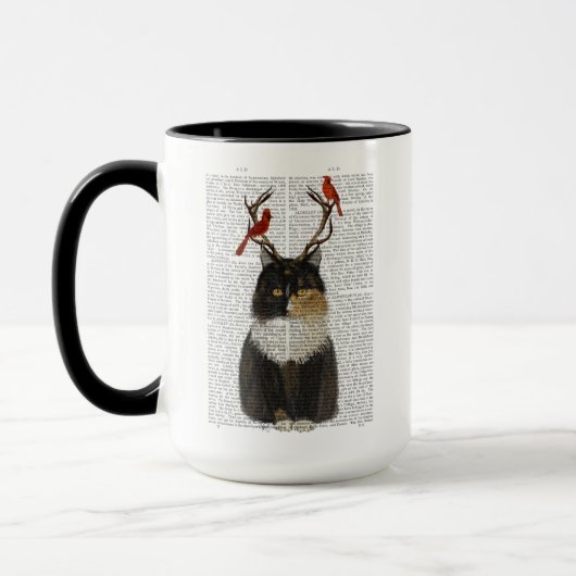 Tortoiseshell Katze mit Antlern und Roten Vögeln Tasse (Links)