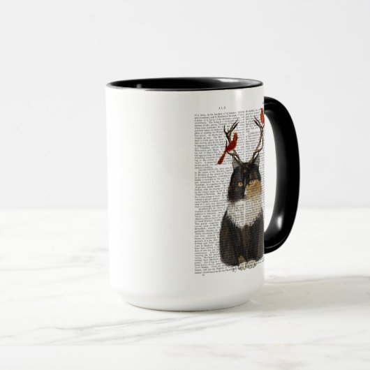 Tortoiseshell Katze mit Antlern und Roten Vögeln Tasse (VorderseiteRechts)