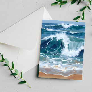 Tosende Ozeanwellen Küstenblaue Aquarellkarte