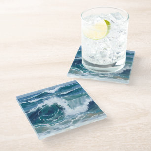 Tosende Ozeanwellen Küstenblaue Wasserfarbe Glasuntersetzer