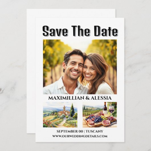 Toskana Hochzeitsziel Aquarellfarben Foto Chic Save The Date (Vorne/Hinten)
