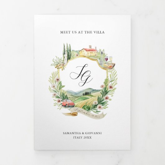 Toskana | Illustrierte Hochzeit Dreifach Gefaltete Einladung (Cover)