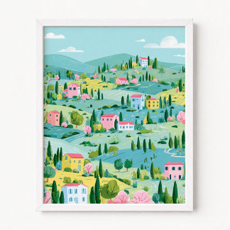Toskana in Türkis mit rosa Häusern Illustration Poster