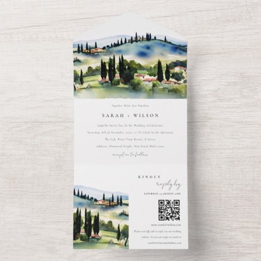 Toskana Italien Wasserfarbenlandschaft Hochzeitssz All In One Einladung (Innen Boden)