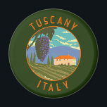 Toskana Italien Weingarten Beachteter Kreislauf Vi Magnet<br><div class="desc">Toskana Vektorkunst Design in einem Kreis bedrückt Stil zeigt eine Traube und einen Weinberg. Seine Hauptstadt,  Florenz,  ist eine Zuhause zu einigen der bekanntesten Renaissancekunst und -architektur der Welt,  darunter Michelangelos "David"-Statue.</div>