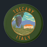 Toskana Italien Weingarten Beachteter Kreislauf Vi Magnet<br><div class="desc">Toskana Vektorkunst Design in einem Kreis bedrückt Stil zeigt eine Traube und einen Weinberg. Seine Hauptstadt,  Florenz,  ist eine Zuhause zu einigen der bekanntesten Renaissancekunst und -architektur der Welt,  darunter Michelangelos "David"-Statue.</div>