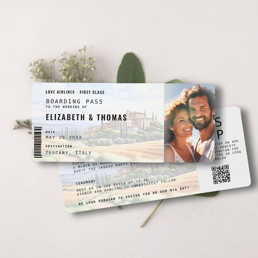 Toskana Zielort Boarding Pass Foto Hochzeit Einladung