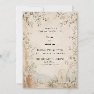 Toskanische Gartenhochzeit mit Oliven und Brunnen Einladung