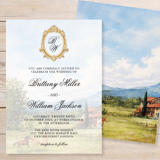 Toskanische Landschaft mit Monogramm-Hochzeit  Einladung