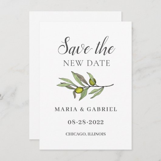 Toskanischer Olivenzweig. Botanischer Hochzeitwech Save The Date (Vorne/Hinten)