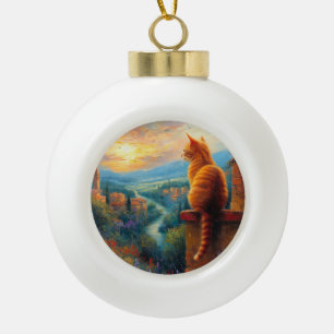 Toskanischer Sonnenuntergang mit einer Ingwerkatze Keramik Kugel-Ornament
