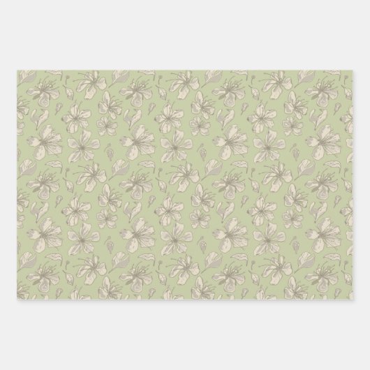 Tossed Blüten auf Olive Green - nahtloses Muster. Geschenkpapier Set (Vorderseite)