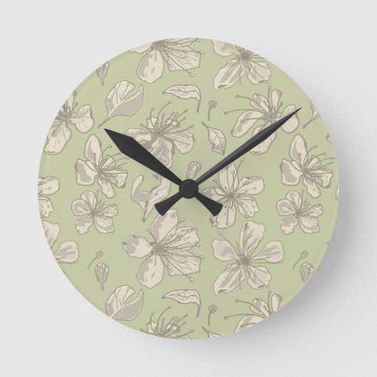 Tossed Blüten auf Olive Green - nahtloses Muster. Runde Wanduhr (Vorderseite)