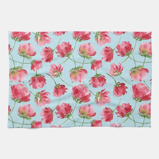 Tossed Crimson Red Watercolor Florals Polka Dots Geschirrtuch (Horizontal)