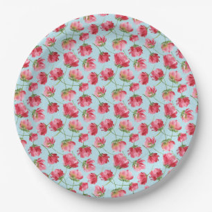 Tossed Crimson Red Watercolor Florals Polka Dots Pappteller