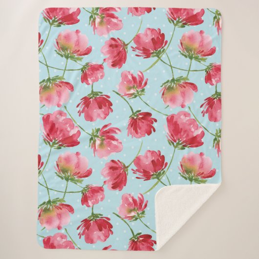 Tossed Crimson Red Watercolor Florals Polka Dots Sherpadecke (Vorderseite)