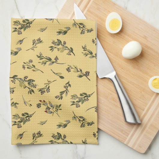 Tossed Floral Wildblumen auf Jonquil Yellow Geschirrtuch (Viertel Falte)