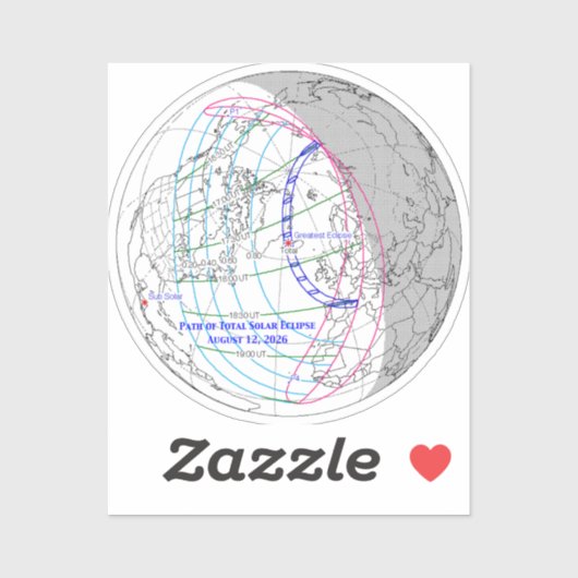 Total Solar Eclipse 2026 Map Aufkleber (Blatt)