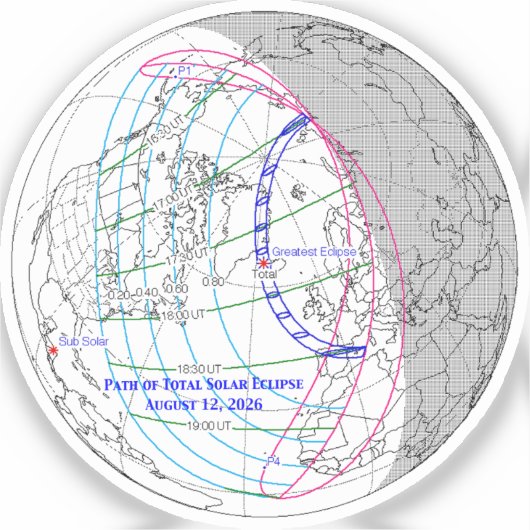 Total Solar Eclipse 2026 Map Aufkleber (Vorderseite)