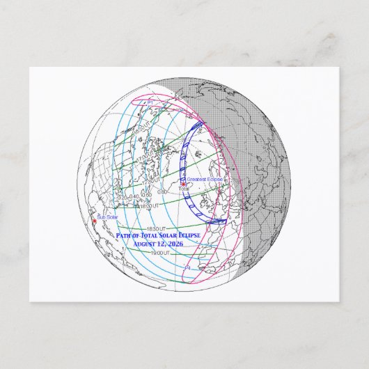 Total Solar Eclipse 2026 Map Postkarte (Vorderseite)