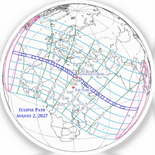 Total Solar Eclipse 2027 Map Aufkleber (Vorderseite)