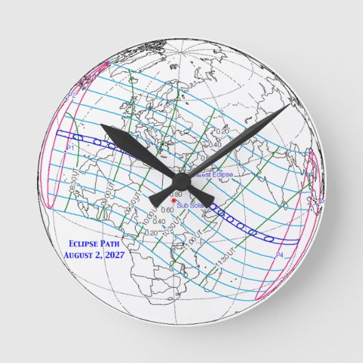 Total Solar Eclipse 2027 Map Runde Wanduhr (Vorderseite)