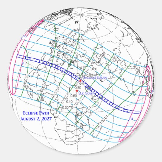 Total Solar Eclipse 2027 Map Runder Aufkleber (Vorderseite)