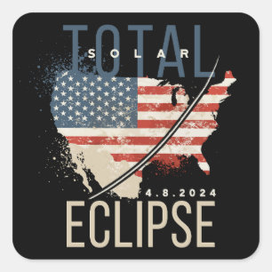 Total Solar Eclipse 4.8.2024 Patriotic USA Karte Quadratischer Aufkleber