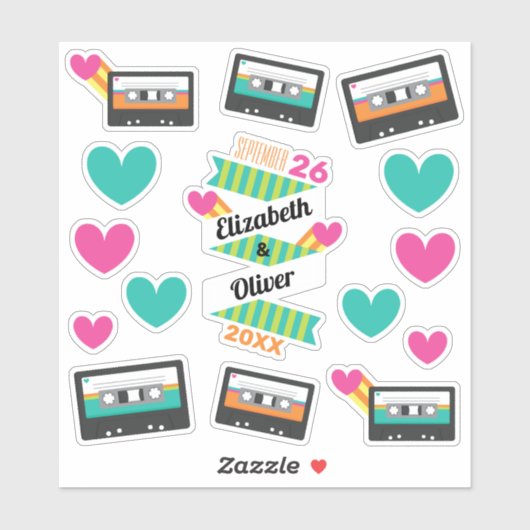 Totally 80er Cassettes and Hearts Wedding Vinyl Aufkleber (Blatt)