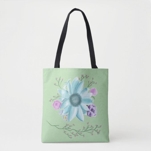 Totbeutel mit aquamariner Blume und Weinrebe in he Tasche (Vorderseite)
