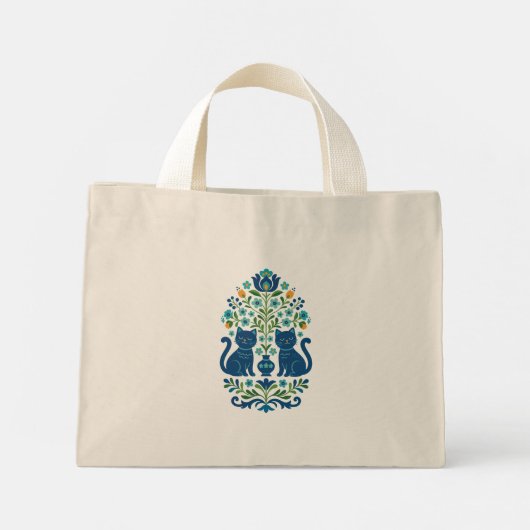 Tote Bag - Blue Folk Art Cats – Whimsical Floral C Mini Stoffbeutel (Rückseite)