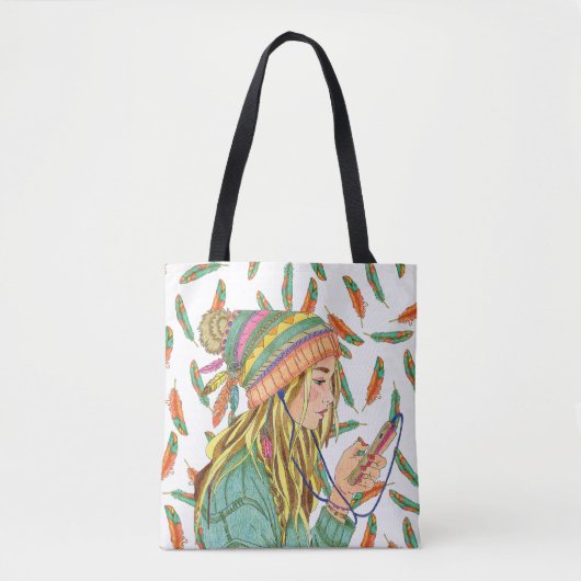 Tote Bag Boho Hat Girl Feather Tasche (Vorderseite)