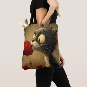 Tote Bag, Schwarz-Weiß-Katze rote Blume Tasche