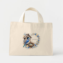 Tote Geai bleu sur nichoir – Illustration florale  Mini Stoffbeutel