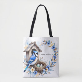 Tote Geai bleu sur nichoir – Illustration florale  Tasche