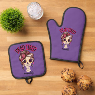 Tote müde Mama Leben Skeleton Messy Bun Bandana Ofenhandschuh & Topflappen-Set