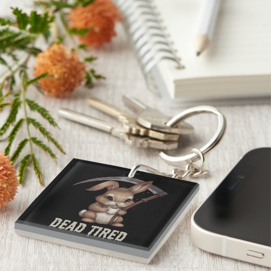 Tote müde Niedliche Bunny Grim Sensenmann Kaffee Schlüsselanhänger (Vorderseite rechts)