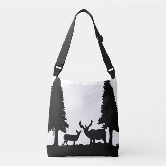 Tote Tasche in Schwarz-Weiß-Hirsch im Walddesign (Vorderseite)