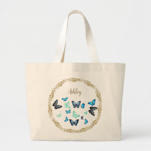 Tote Tasche mit blauen Schmetterlingen & Blumendes