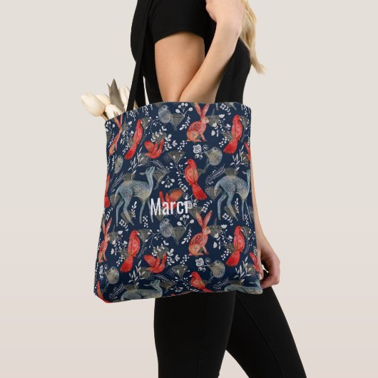 Tote Tasche mit Folk Art Design in Dunkelblau (Von Nahem)