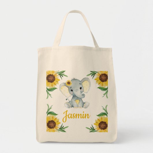Tote Tasche mit Sonnenblume, Name Elephant (Vorne)