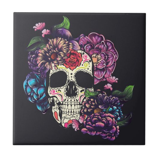 Toten-Schädel mit Blumen Fliese (Vorderseite)
