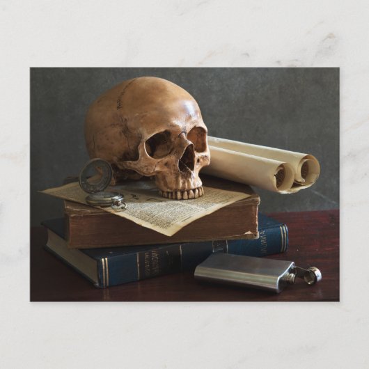 Totenkopf auf Büchern Postkarte (Vorderseite)