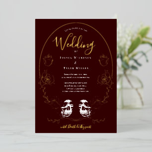 Totenkopf-Blumen-Burgunder-Gotische-Hochzeit Folieneinladung