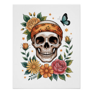 Totenkopf-Blumen-Halloween-Gruselig Poster